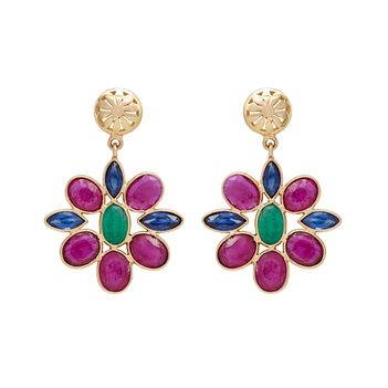 Unusual Ruby, Sapphire and Emerald 18K Gold Drop Earrings