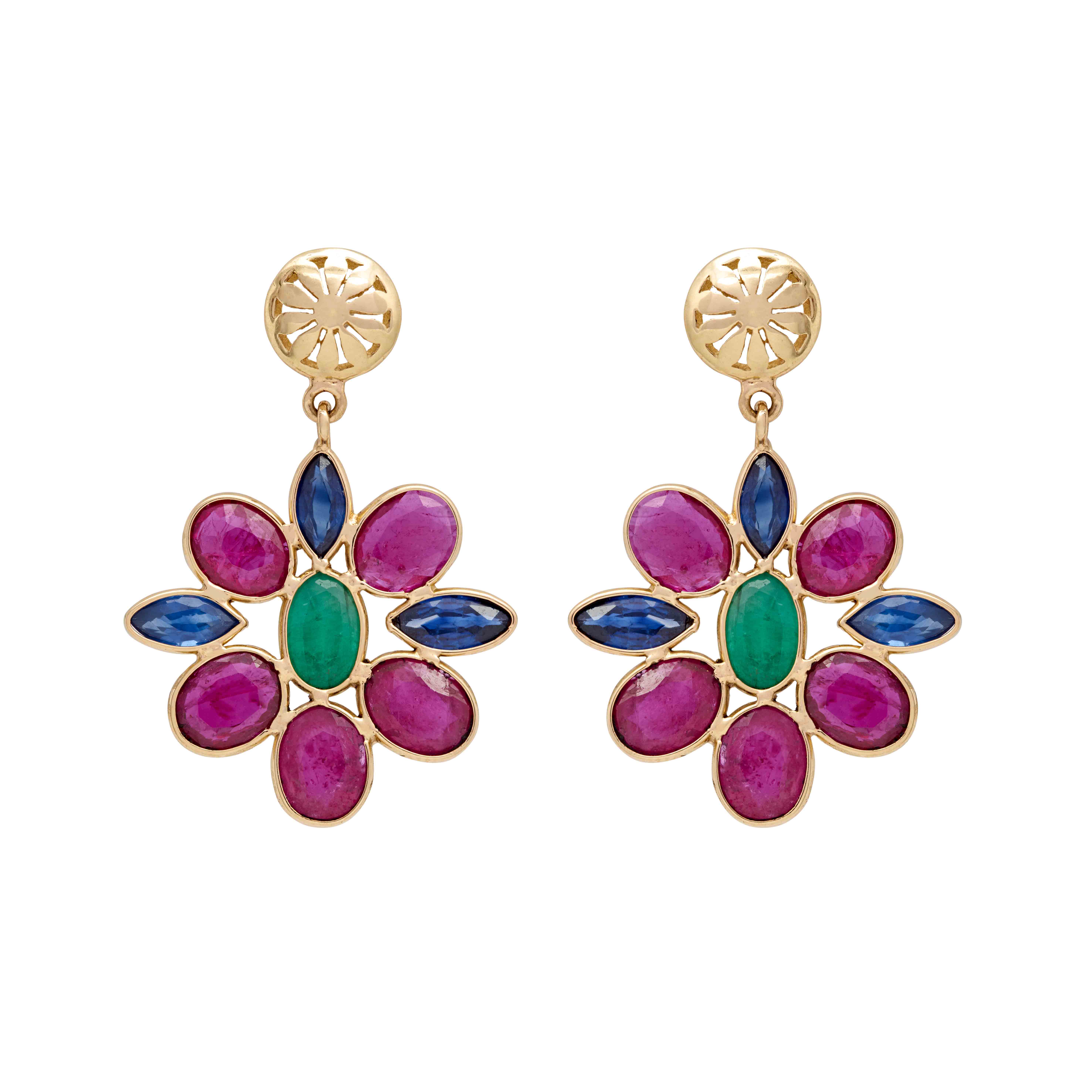Buy Radiant Ruby Sapphire Emerald Gold Drop Earrings Online Gemstone Jewellery at Gehna