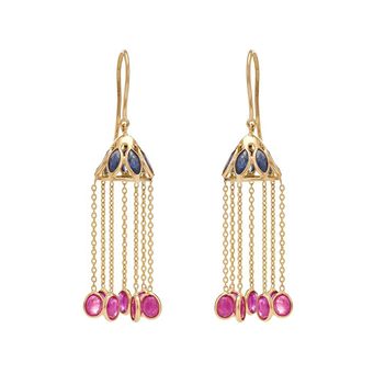 Cheery Ruby and Blue Sapphires 18K Gold Jhumka Danglers