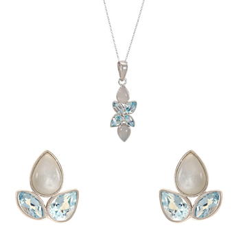 Blue Topaz & Grey Moonstone 925 Sterling Silver Pendant Set
