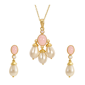 Pink Opal & Pearl 925 Sterling Silver Pendant Set