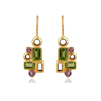 Geometric Delight Amethyst & Peridot 925 Sterling Silver Drop Earrings