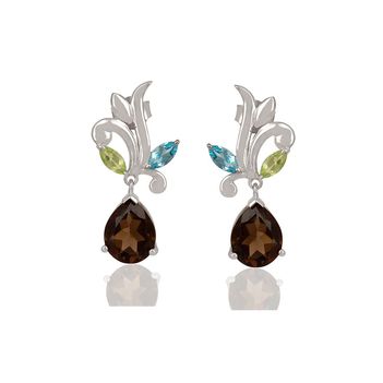 Luxuriant Blue Topaz, Peridot & Smoky Topaz 925 Sterling Silver Drop Earrings