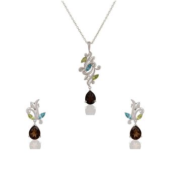 Dainty Blue Topaz , Peridot & Smoky Topaz 925 Sterling Silver Pendant Set 