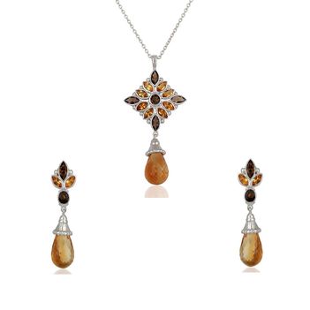 Resplendent Smoky Topaz & Citrine 925 Sterling Silver Pendant Set 