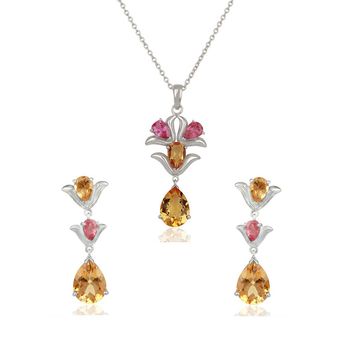 Pleasing Citrine & Pink Tourmaline 925 Sterling Silver Pendant Set 
