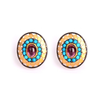 18K Gold & Silver Garnet with Turquoise Stud Earrings