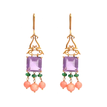 Amethyst, Coral and Emerald Hook Earrings