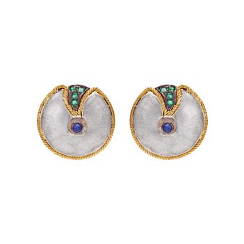 Bold Silver and 18K Gold Studs with Saphhires and Emeralds