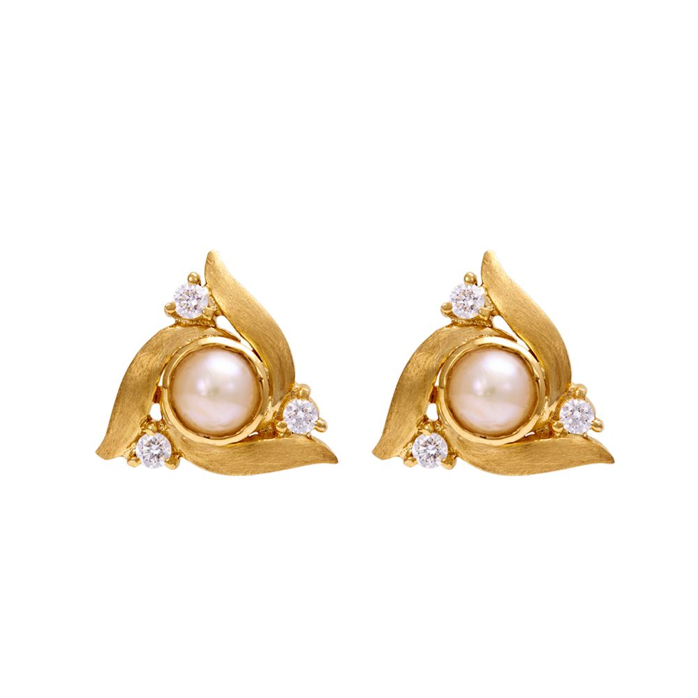 14K Gold Diamond Polki Floral Tops  Studs Earring Pair with Pearl Han  G  K Ratnam