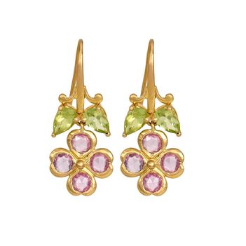 Tantalizing Peridot & Pink Sapphire Gold Drop Earrings 