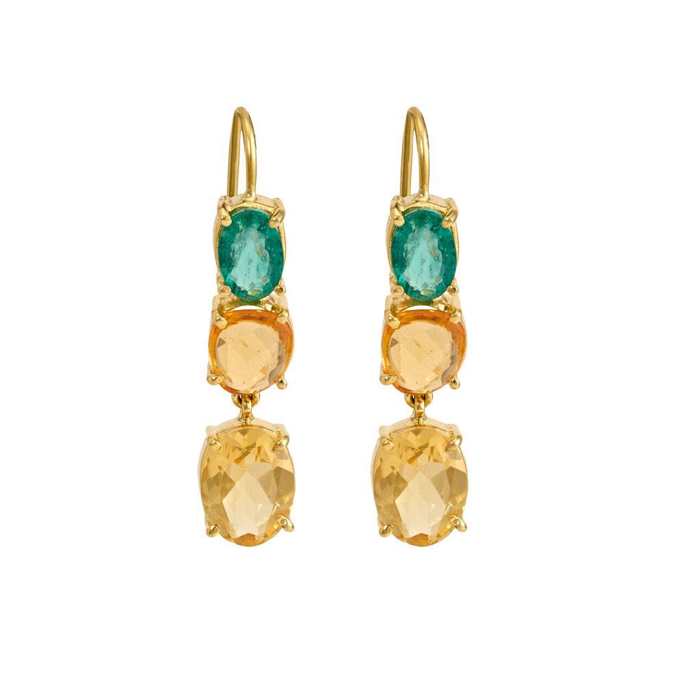 Blazing Orange Sapphire , Citrine & Emerald Gold Earrings