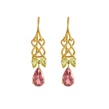 Enchanting Peridot & Pink Tourmaline Gold Earrings 