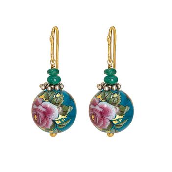 Exquisite Printed Pearl & Emerald Bead Gold & Silver Earrings 