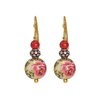 Bewitching Printed Pearl & Coral Bead Gold & Silver Earrings 