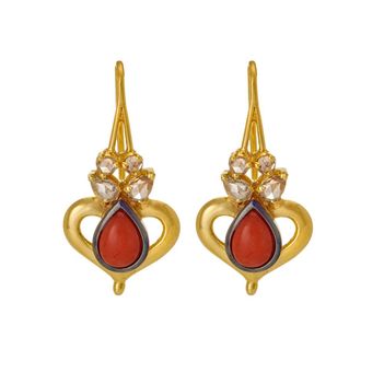 Ornate Coral and Rose-cut Diamond Gold Danglers 