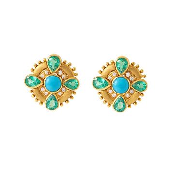 Engaging Emeralds, Turquoise and Diamond Stud Earrings in 18K Yellow Gold