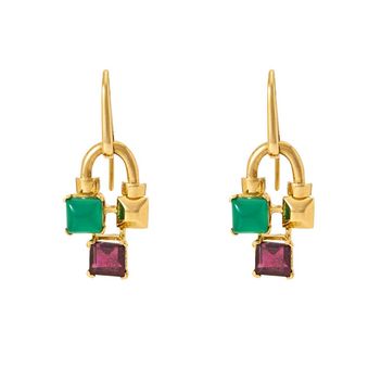 Unorthodox Green Onyx and Garnet Earrings in 18K Gold