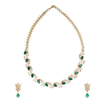 Sensational Diamond & Emeralds 18K Gold Necklace Set with Earrings