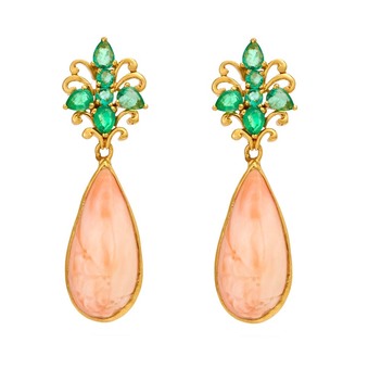 Enchanting Emerald & Coral 18K Yellow Gold Earrings