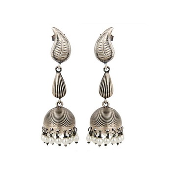 Classical Pearls  & 925 Sterling Silver Oxidised Jhumki Earrings