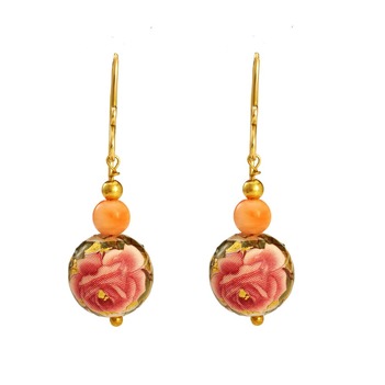 Artistic Printed Pearl & Coral Bead 18K Yellow Gold Danglers