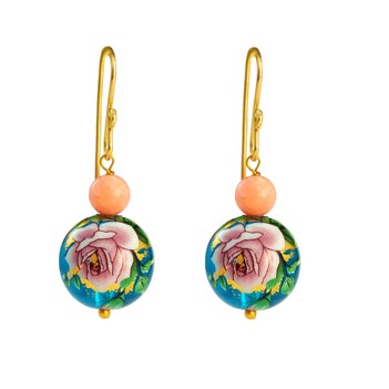 Stylish Printed Pearl & Coral Bead 18K Yellow Gold Danglers