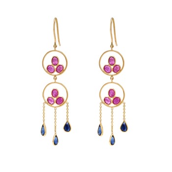 Tantalizing Ruby and Blue Sapphire 18K Gold Dangler Earrings