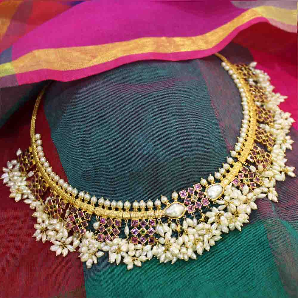 Guttapusalu Classic Pink And Green Tourmaline Rice Pearls And 22k Gold Necklace Set,Arabic Mehandi Designs For Hands Simple