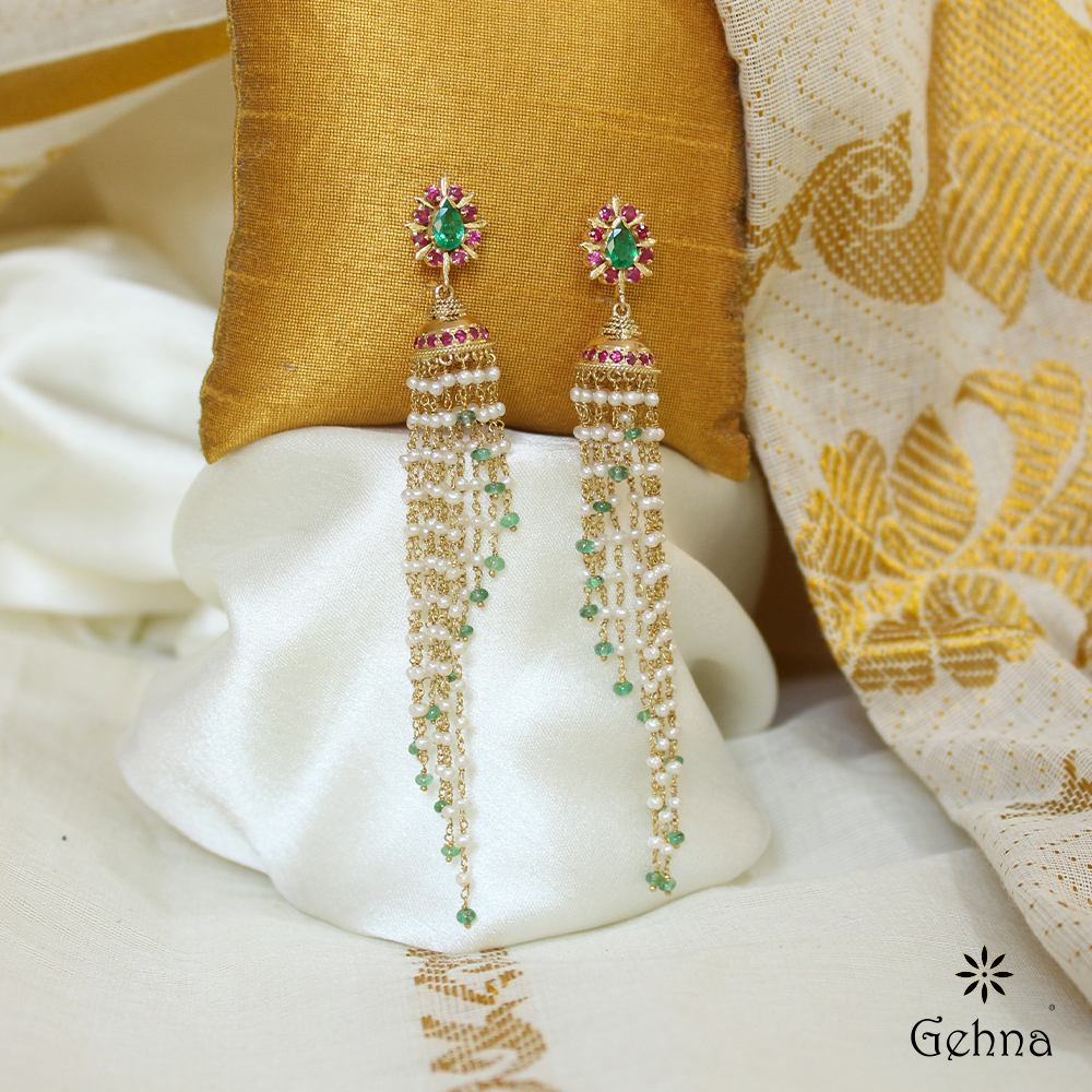 Buy Gold Jhumkas Studded with Diamond  Emerald Online
