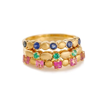 Vibrant 18K Yellow Gold with Tourmaline, Tsavorite, Blue Sapphire Stacking Rings