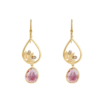 Ambrosial Pink Tourmalines & Brown Rosecut Diamond  18K Gold Danglers