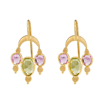Ethereal Pink Sapphires and Peridot 18K Gold Danglers 