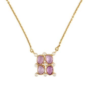 Rose Cut Pink Tourmaline & Diamond Gold Pendant with Chain (16 inches)