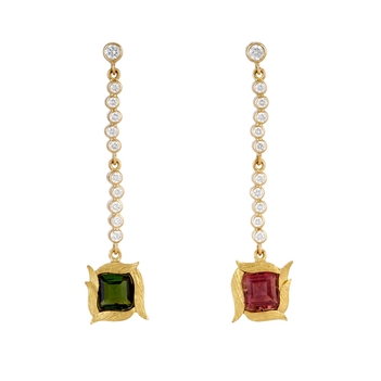 Offbeat Diamond and Tourmaline Gold Danglers