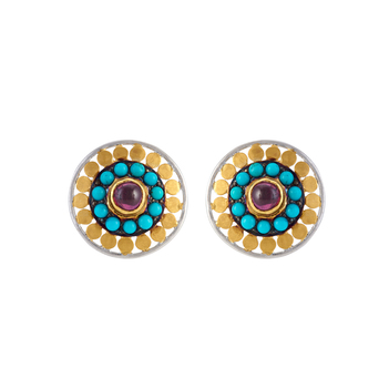 Riotous Garnet, Turquoise, 925 Sterling Silver and 18k Gold Stud Earrings