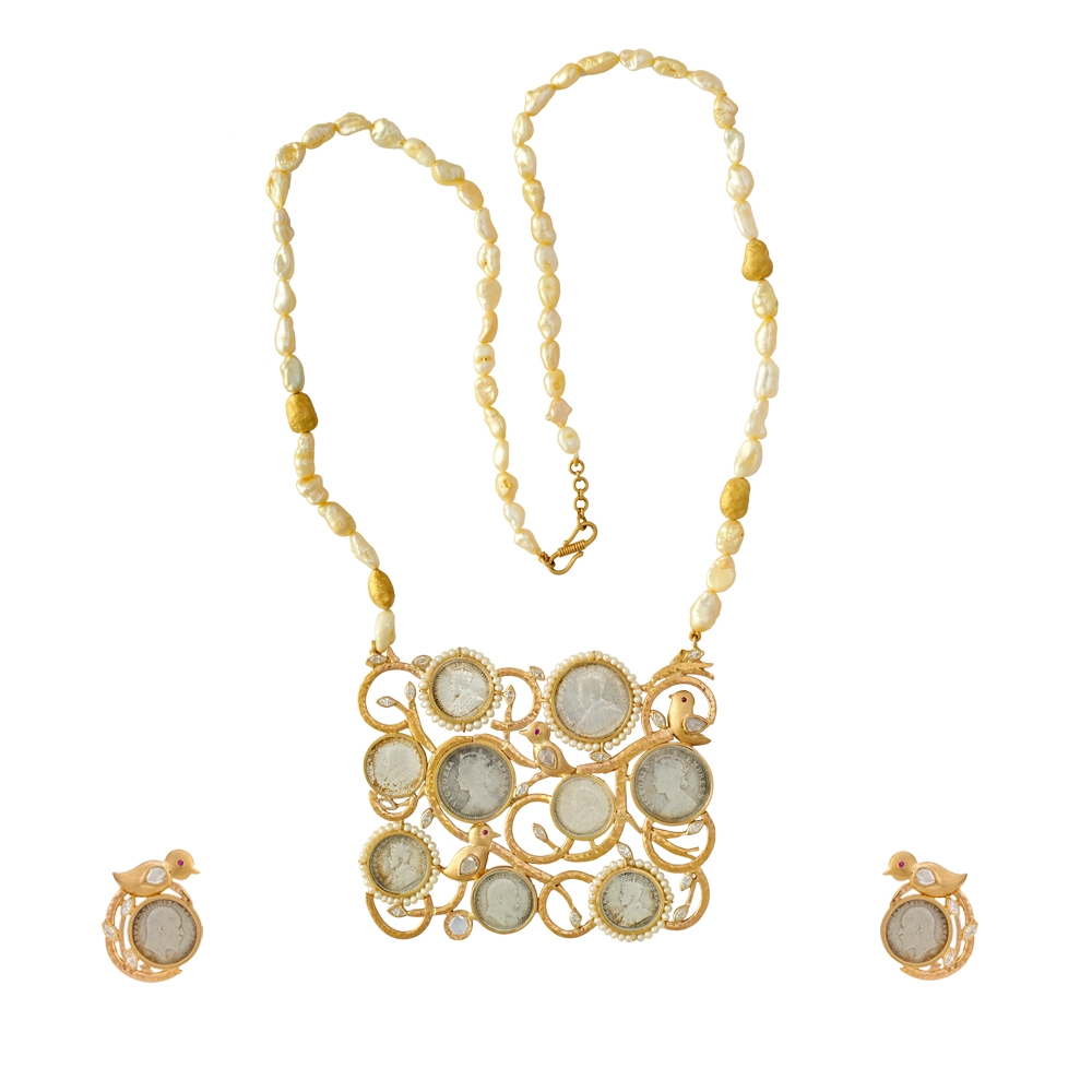 Buy Quirky Silver, Gold, Pearl and Diamond Necklace Set for Women