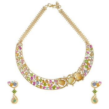 Electrifying Multicoloured 18K gold Choker Necklace & Earrings Set