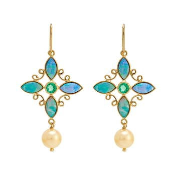 Mystical Opal, Emerald, Pearl 18k Gold Dangler Earrings 