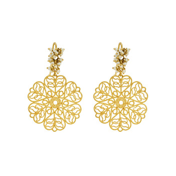 Intricate 18k Gold and Pearl Dangler Earrings 