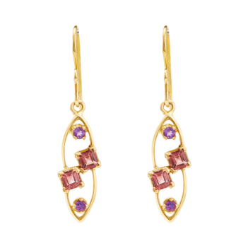 Jaunty Pink Tourmaline and Amethyst 18K Gold Earrings