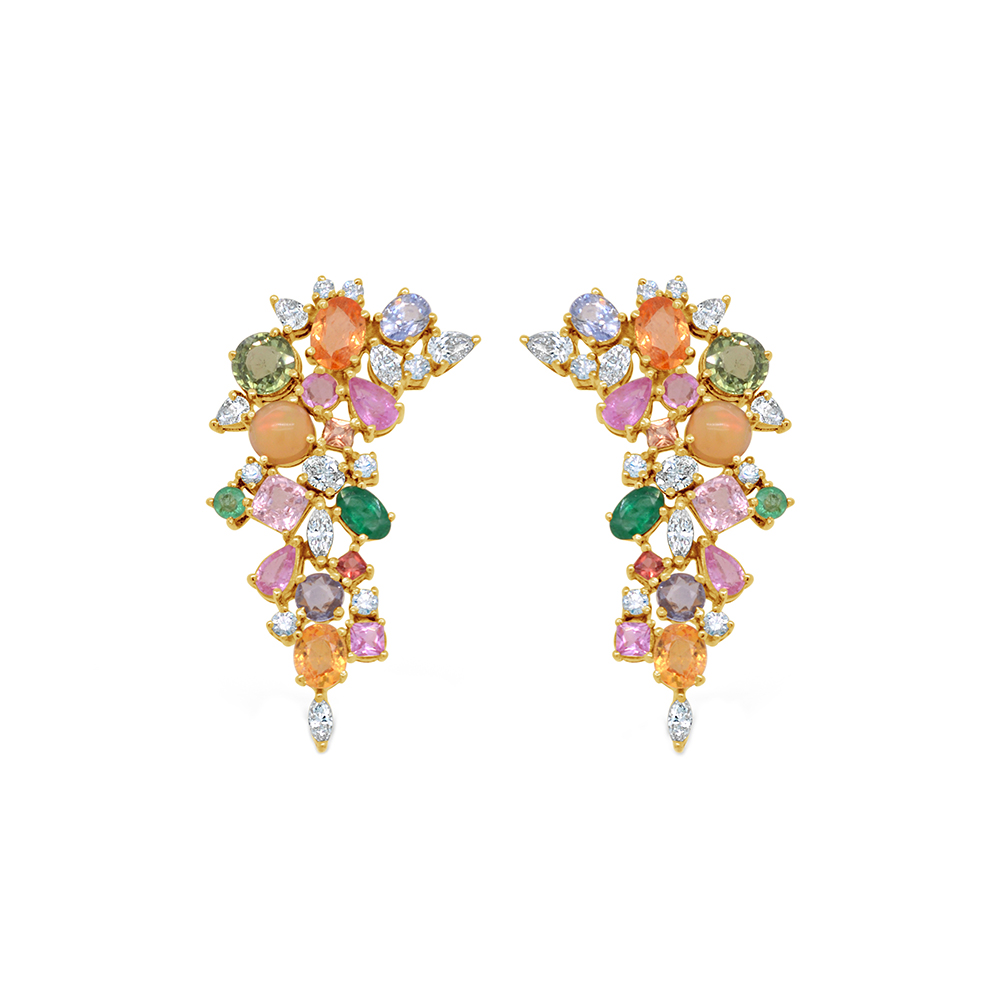 Scintillating Multi Sapphire, Emerald, Opal and Diamond Earrings