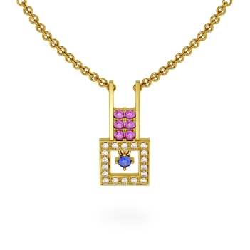 Sensational Pink Sapphire, Blue Sapphire,18K Gold Diamond Pendant with Chain
