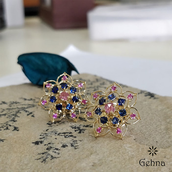 18K Gold Ornate Pink and Blue Sapphire Earrings