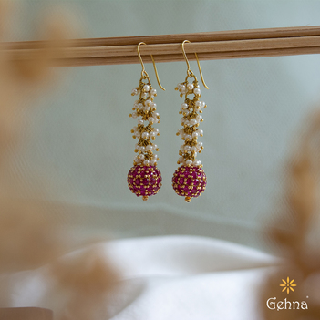 Exemplary Ruby and Pearl Gold Drop Earrings