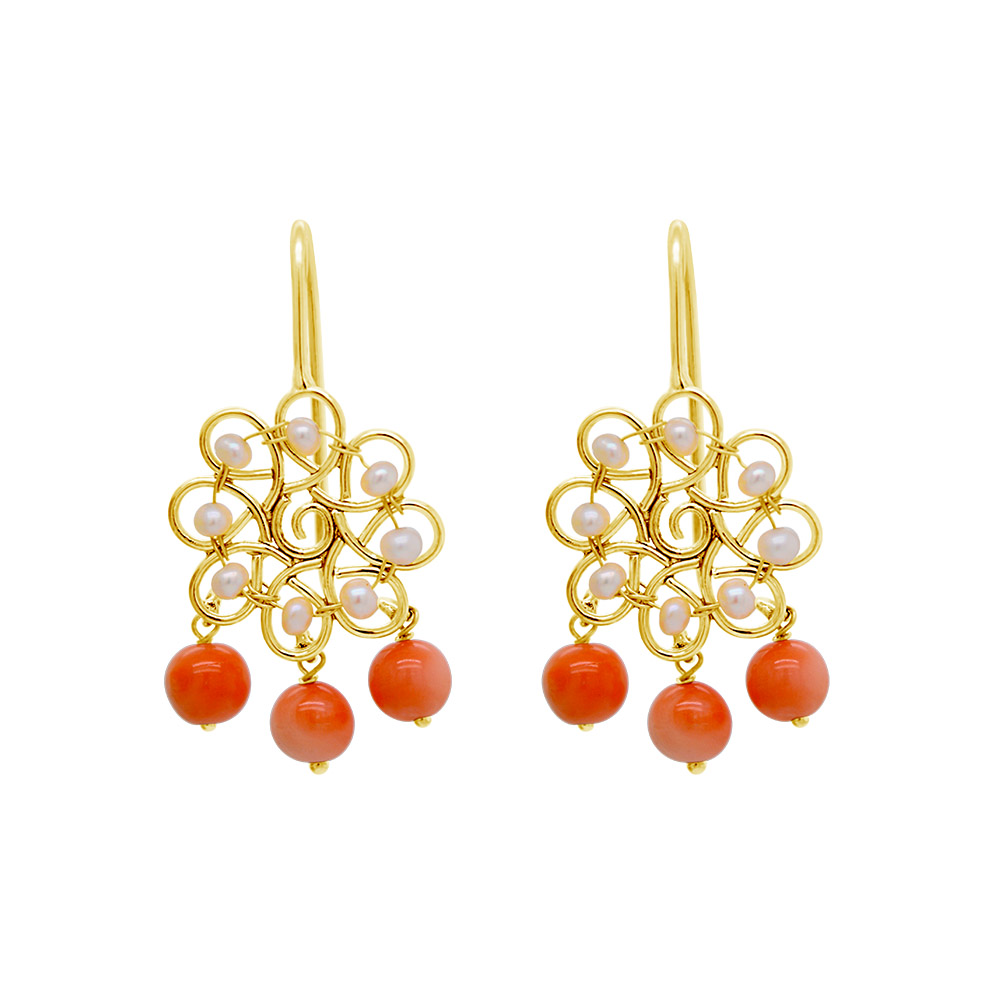 Edison White Pearls & Coral Drop Earrings, Red Enamel & Gold Plated Fl –  Loulia Pearl Jewelry