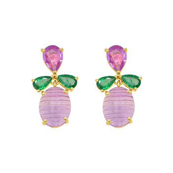 Groovy Pink Sapphire, Amethyst & Emerald Gold Earrings