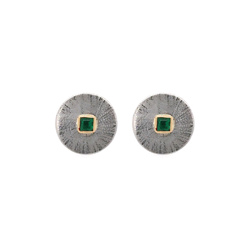 Striated Silver, Gold and Emerald Stud Earrings
