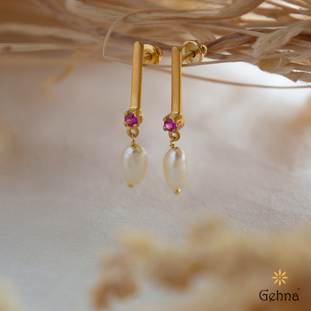 Glistening Pearl and Ruby Gold Dangler Earrings