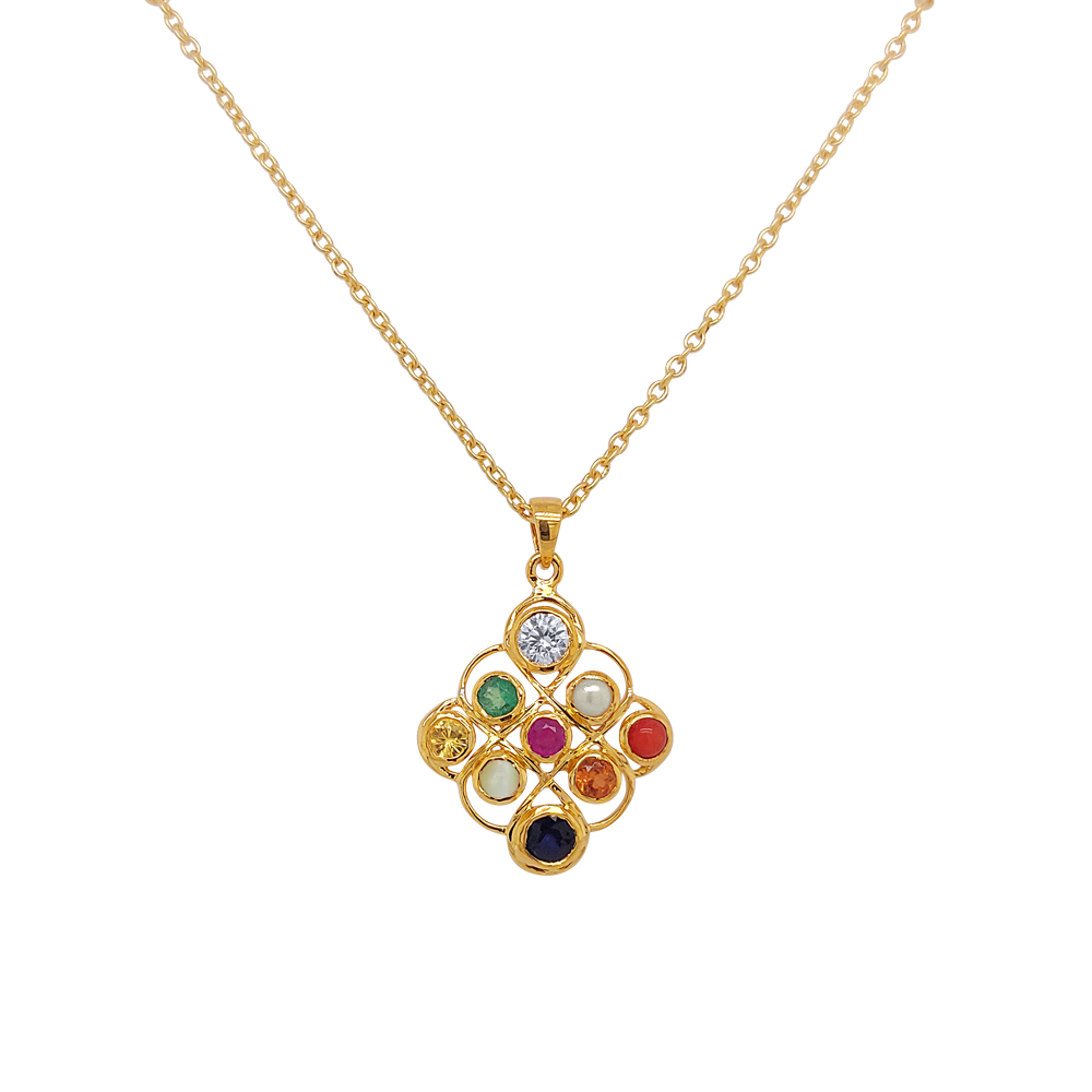 Shop Glowing Natural Navaratna 22K Gold Pendant Online in India | Gehna